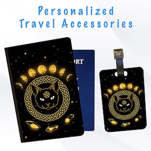 Funda para pasaporte y etiqueta para equipaje, accesorio para maletas de viaje y vacaciones: gato negro gótico, bruja lunar de Salem, amarillo gótico