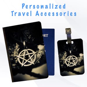 Funda para pasaporte y etiqueta para equipaje, accesorio para maleta de viaje y vacaciones: calaveras góticas, pentagramas y hechizos de brujas góticas.