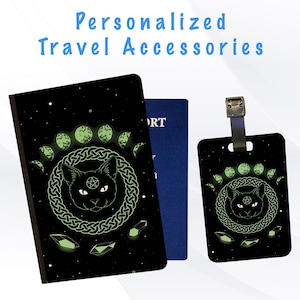 Funda para pasaporte y etiqueta para equipaje, accesorio para maletas de viaje y vacaciones: gato negro gótico, bruja lunar de Salem, verde gótico.