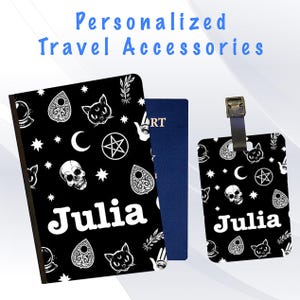 Funda de pasaporte personalizada y juego de etiquetas para equipaje, accesorio para maletas de viaje y vacaciones: calaveras góticas, luna, gatos negros, brujas