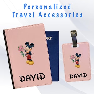 Personalized Passport Cover and Luggage Tag Set Travel Holidays Suitcase Vacation Accessory - Mickey Mouse Disney Flower Bouquet ADD NAME