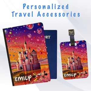Personalized Passport Cover and Luggage Tag Set Travel Holidays Suitcase Vacation Accessory - Minnie Mickey Castle