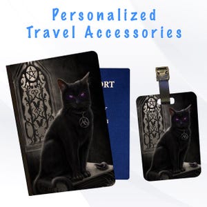 Funda para pasaporte y etiqueta para equipaje, accesorio para maletas de viaje y vacaciones: gato negro gótico, bruja lunar de Salem