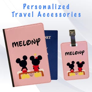 Personalized Passport Cover and Luggage Tag Set Travel Holidays Suitcase Vacation Accessory - Minnie Mouse and Mickey Sitting