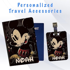 Personalized Passport Cover and Luggage Tag Set Travel Holidays Suitcase Vacation Accessory - Mickey Mouse Disney Paint Art ADD NAME