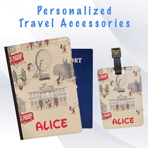 Personalized Passport Cover and Luggage Tag Set Travel Holidays Suitcase Vacation Accessory - Mickey Mouse Disney London Pattern
