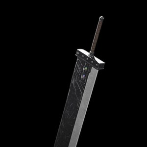 Könnte beinhalten: Ein großes, schwarzes und silbernes Schwert mit einem Holzgriff steckt in einem grauen Felsen. Das Schwert hat ein detailliertes Design und eine scharfe Klinge.