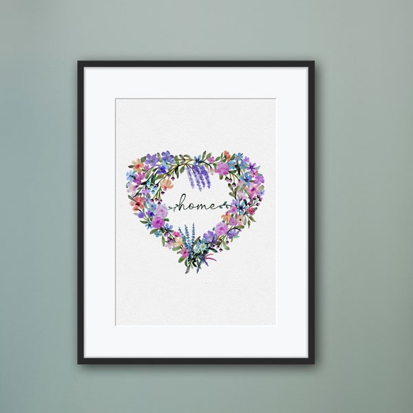 Home Is Where The Heart Is Art Print By Lindy Tsang.  Floral, Heart Wreath, Watercolour