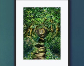 Pad naar het licht door Lindy Tsang, Boomtunnel, Natuur, Ghibli Geïnspireerd, Noord-Ierland, Ballynoe Stone Circle