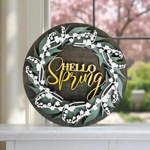 Hello Spring Door Hanger, Spring Wreath, Front door decor, Rustic Front Door Sign, 12&quot; Round wood sign, Welcome Spring Flowers gift