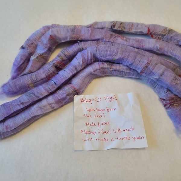 Lavender, merino, sari silk waste fiber rolags, 2 oz