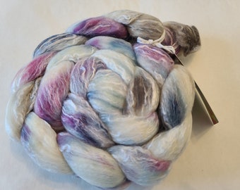 Rose, white, blue, gray, merino bamboo fiber roving, 4 oz.