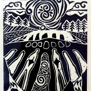 Handmade Irish Mythology Linocut Print- ‘Beaghmore Stone Circles’