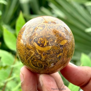May include: A polished, spherical gemstone in warm, earthy tones. The orb displays intricate, swirling patterns in shades of brown and gold, creating a unique, natural design. The sphere is held in a hand against a backdrop of green foliage.