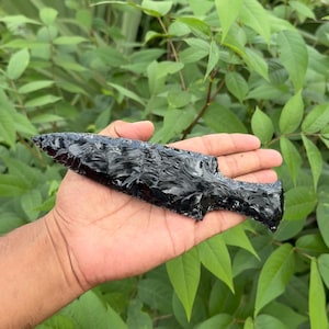 May include: A hand-held, black obsidian arrowhead or knife with a textured surface. The arrowhead is held against a backdrop of green foliage. The obsidian has a glossy, reflective quality, and the edges are sharp.