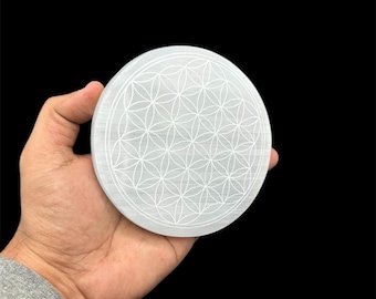 Large Selenite Flower Of Life, Carved Plate 5-6” Inches, Healing Crystal Plate , Crystal Charging Plate