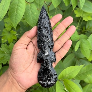 Large Black Obsidian Spearhead - flintknapped - Obesdian knife- Paleocraft- Lithic artistry-Handcrafted Authentic 3-10” inch.