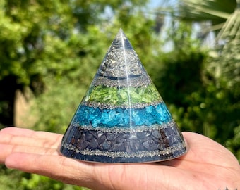 Pyrite Abundance Orgonite Pyramid – Multi Crystal Chips, Energy Generator, Protection Crystal Decor