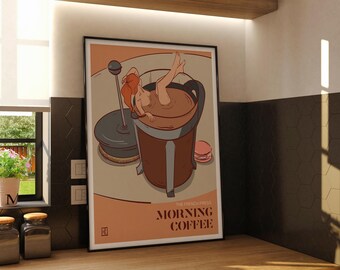 Original French Press Coffee Illustration with Woman Soaking, Fine Art Poster, Giclée Print