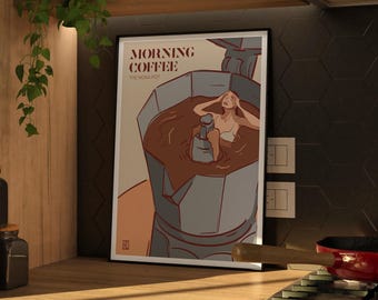 Original Moka Pot Coffee Illustration with Woman Bathing, Fine Art Poster, Giclée Print