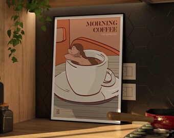 Original Espresso Coffee Illustration with Woman Relaxing, Fine Art Poster, Giclée Print