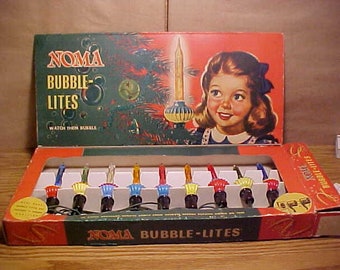 Vintage Late 1940's NOMA BISCUIT 9 Light C-6 Christmas Bubble Light Set No. 509 with Box, Knotted Cord and Clips-All Work & Bubble-Nice Set!