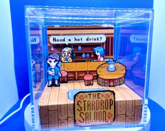 Stardew Valley Stardrop Saloon 3D Diorama, Personalized Handmade Shadow Box, Desk Display Merch Cube