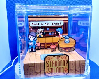 Stardew Valley Stardrop Saloon 3D Diorama, Personalized Handmade Shadow Box, Desk Display Merch Cube