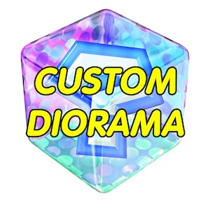 May include: A 3D rendering of a cube with a blue and white hexagon inside. The cube has a colorful, polka dot pattern and the text "CUSTOM DIORAMA" in yellow letters.