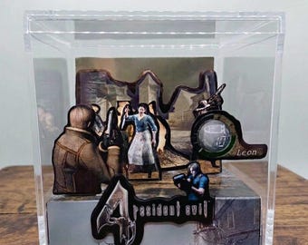Resident Evil 4 3D-kubdiorama - Leon Kennedy, spelrumsinredning, spelpresent