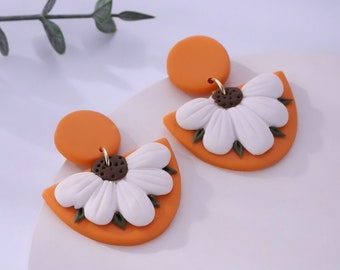 Handmade Orange Half-Circle 3D Daisy Soft Pottery Stud Earrings, Perfect for Holiday, Gathering, Trip and Gift