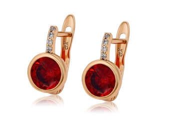 18K Gold Plated Earrings with Zirconia, Stunning English Lock, Red and White Zirconia, Gift for Her