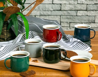 Enamel Tableware Set. Belly Shape Mugs. Vintage. Rustic Style. Camping.