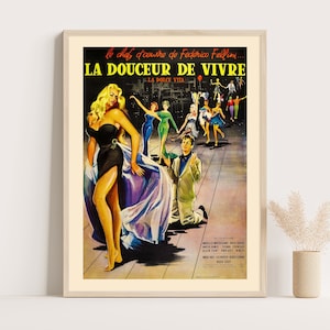 Locandina del film francese La Dolce Vita di René Gruau, 1960, Fellini, La Douceur de Vivre, Mastroianni, Ekberg, Cinema classico italiano