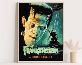 Póster de la película alemana Frankenstein: Boris Karloff, Universal Monsters, terror clásico.