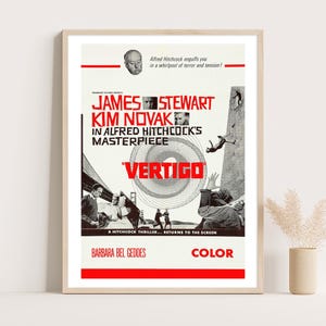 Vertigo Movie Poster: Alfred Hitchcock Film Noir Print, James Stewart & Kim Novak
