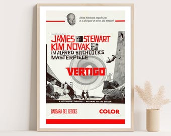 Vertigo Movie Poster: Alfred Hitchcock Film Noir Print, James Stewart & Kim Novak
