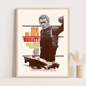 Bullitt Movie Poster, 1968, Steve McQueen, Original Theatrical Art, Vintage 60s Thriller, Ford Mustang, Car Chase Film Print