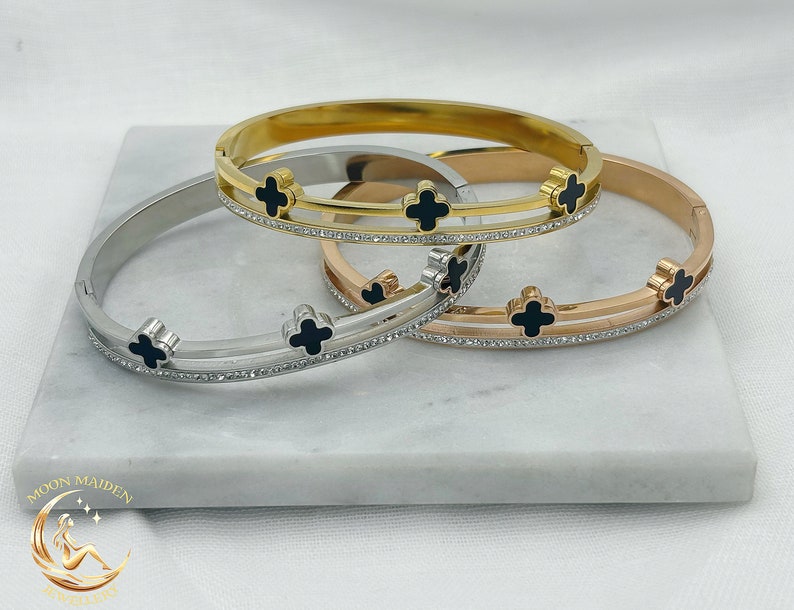 Brazalete de trébol pulsera de trébol pulsera de oro, plata y oro rosa imagen 9