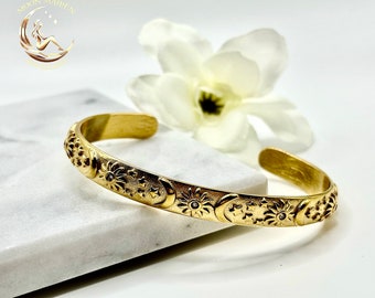 Sun, moon, star celestial bangle. Gold bracelet. Boho mystical bangle.