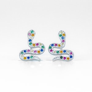 Snake Stud Earrings 925 Sterling Silver with Colorful CZ Stones  - Dainty Minimalist Serpent Jewelry - Snake Studs - Trendy Snake Earrings