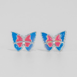 Enamel Butterfly Stud Earrings 925 Sterling Silver, Pink Blue Enamel Studs, Kids Jewelry, Dainty Animal Insect Studs, Children Charm Cute
