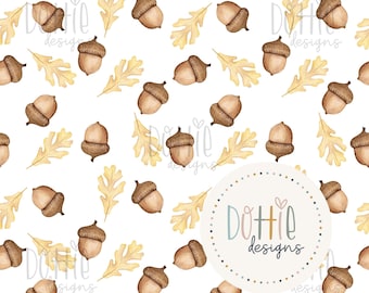 Acorns and Leaves White Seamless Pattern, Fabric Background Pattern, Scrapbooking, Junk Journal, Digital Paper, Full Commercial Use