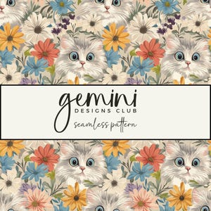 Cat Floral Seamless Pattern, Fabric Background Pattern, Scrapbooking, Junk Journal, Digital Paper, Full Commercial Use