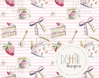 Strawberry Tea Stripes Seamless Pattern, Fabric Background Pattern, Scrapbooking, Junk Journal, Digital Paper, Full Commercial Use
