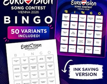 Cartones de bingo de Eurovisión 2026 / 50 cartones únicos + versiones para imprimir en papel / Descarga digital en PDF y JPG