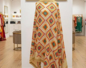 Handmade , Handwoven , Elegant vibrant & Authentic Golden/beige Multicolour Phulkari Dupatta / Indian Scarf. Hand embroidered .