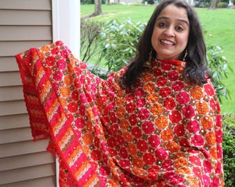 Handmade , Handwoven , Elegant vibrant & Authentic Multicolour Phulkari Dupatta / Indian Scarf. Hand embroidered