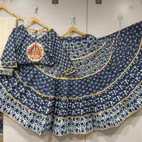 Handmade Ajrakh Lehenga Choli Set with Gotta Patti Work | Block Print Cotton Lehenga | Navratri Garba Outfit | Indian Ethnic Wear