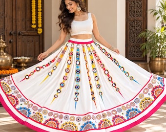 White  Multicolored mirror work  Skirt flair  10m | Festive Party Wear Cotton Blend